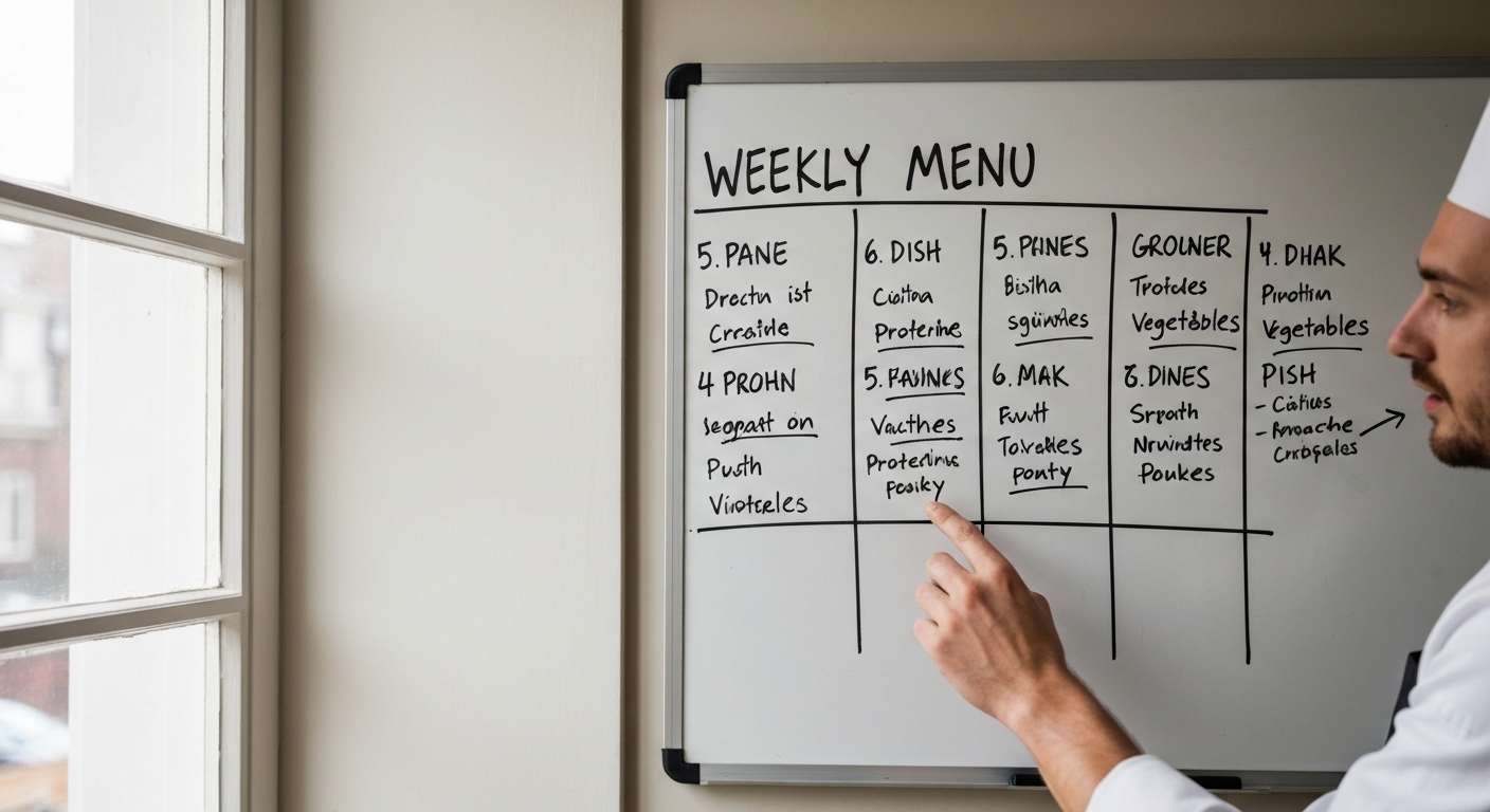 A whiteboard in a Brussels kitchen with handwritten dish names organised by week and category.