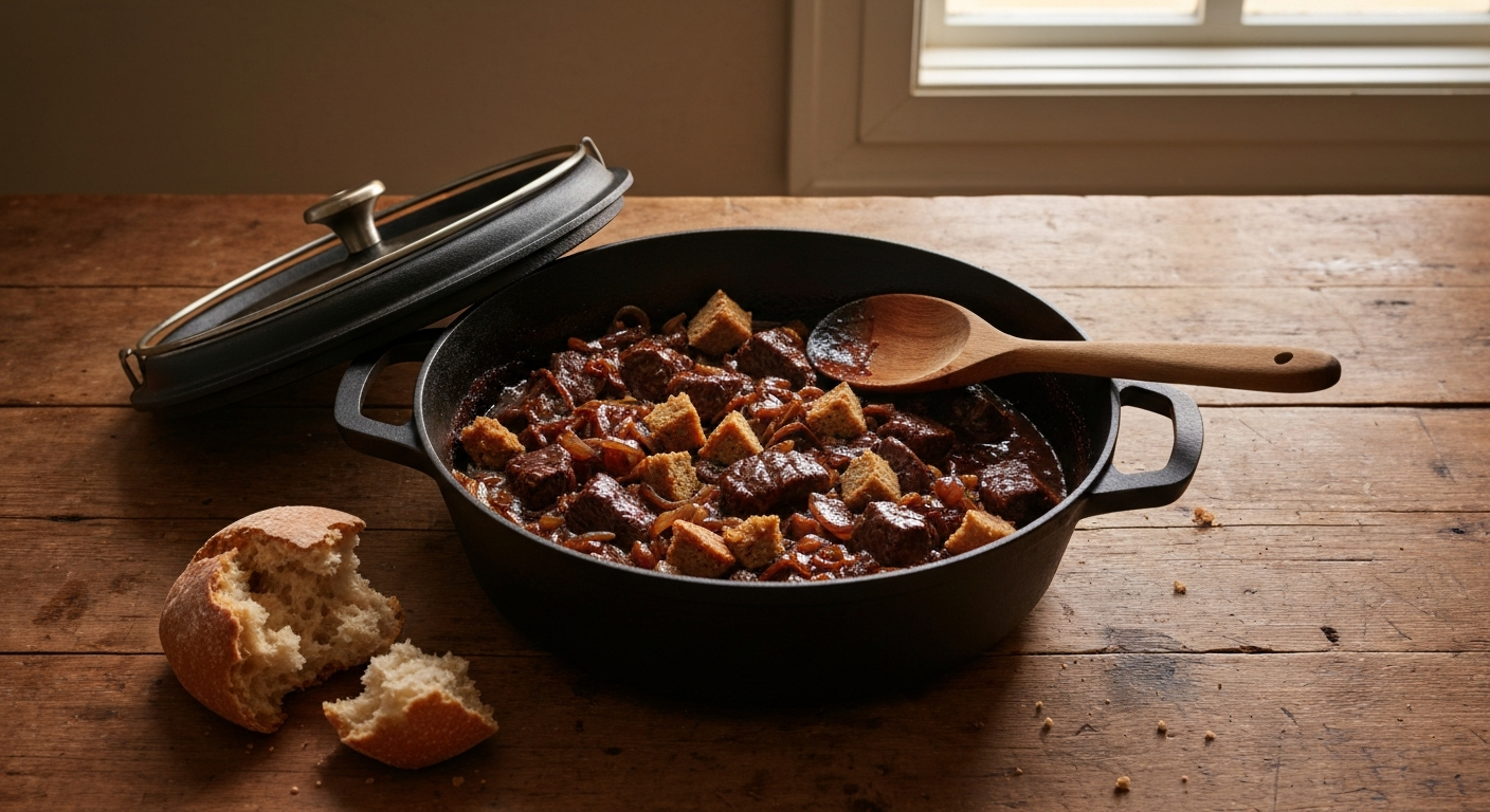 Een gietijzeren pot carbonade flamande, rundvlees in donkere abdijbiersaus, met Belgische frieten ernaast.