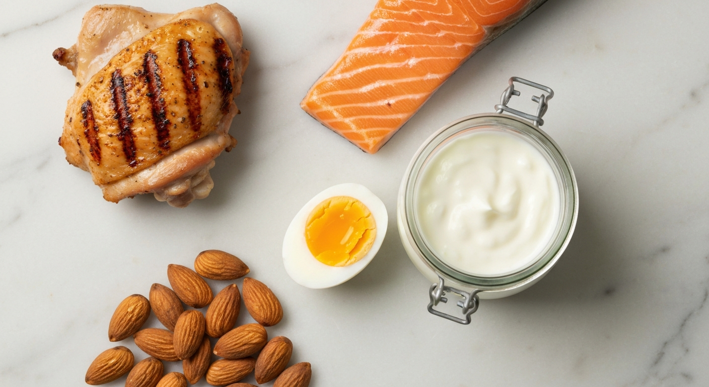 Een bord met kip, linzen en Griekse yoghurt die samen een dagelijks eiwitdoel halen voor een bureaumedewerker.