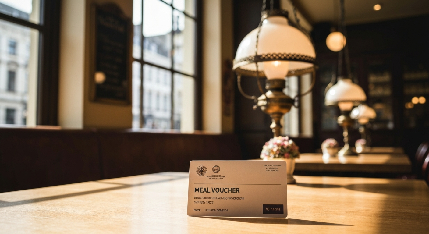 Une carte cheque-repas belge a cote d'un cafe et d'un sandwich sur une table de cafe bruxelloise.
