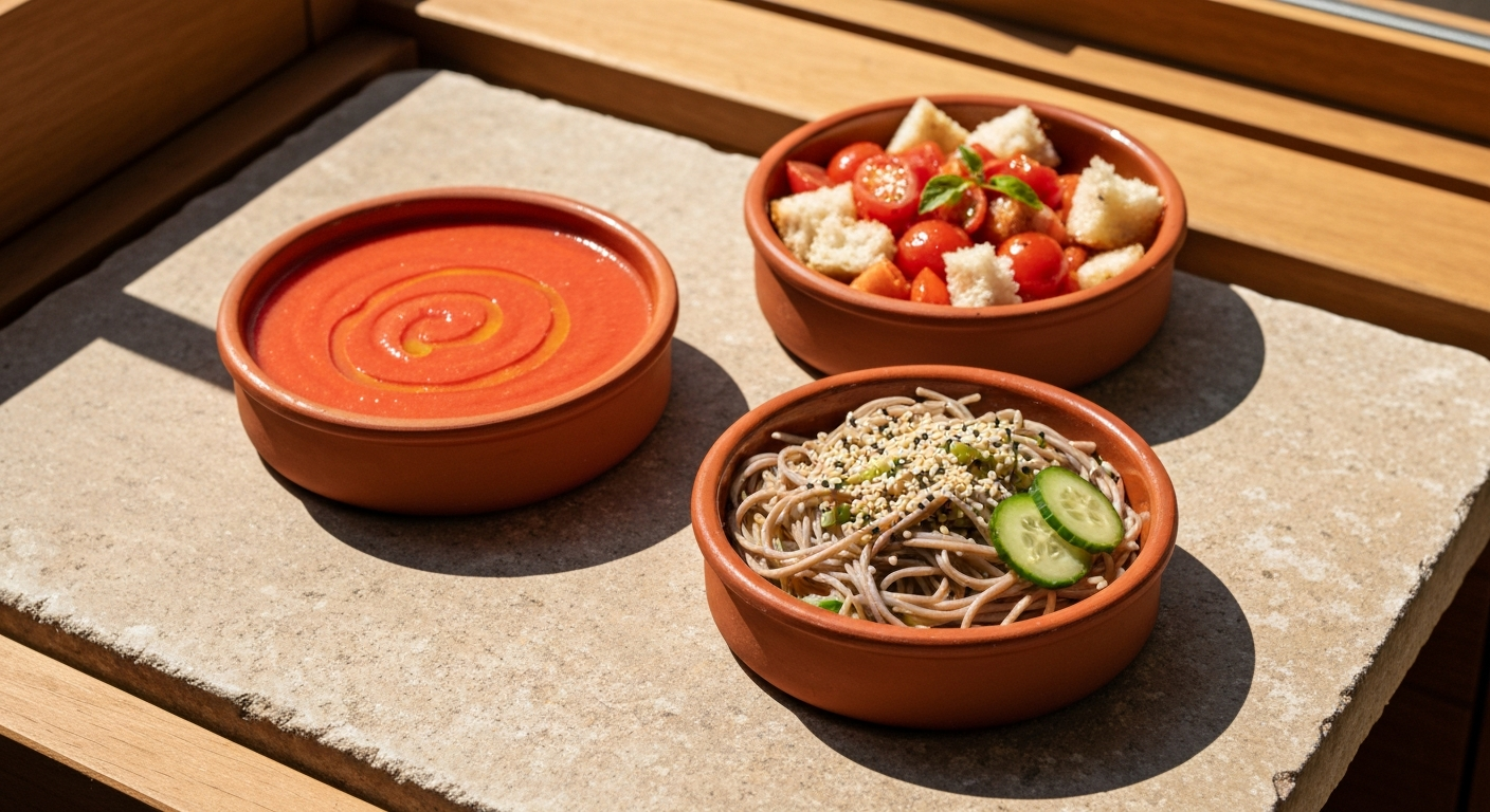 Trois bols d'été sur une table de balcon à Bruxelles : gaspacho rouge vif, soba au sésame et panzanella tomate-pain.