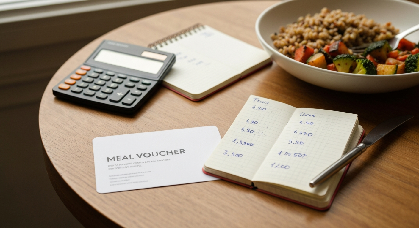 A Belgian meal voucher card beside a calculator, a notebook and a half-eaten lunch bowl on a Brussels table.
