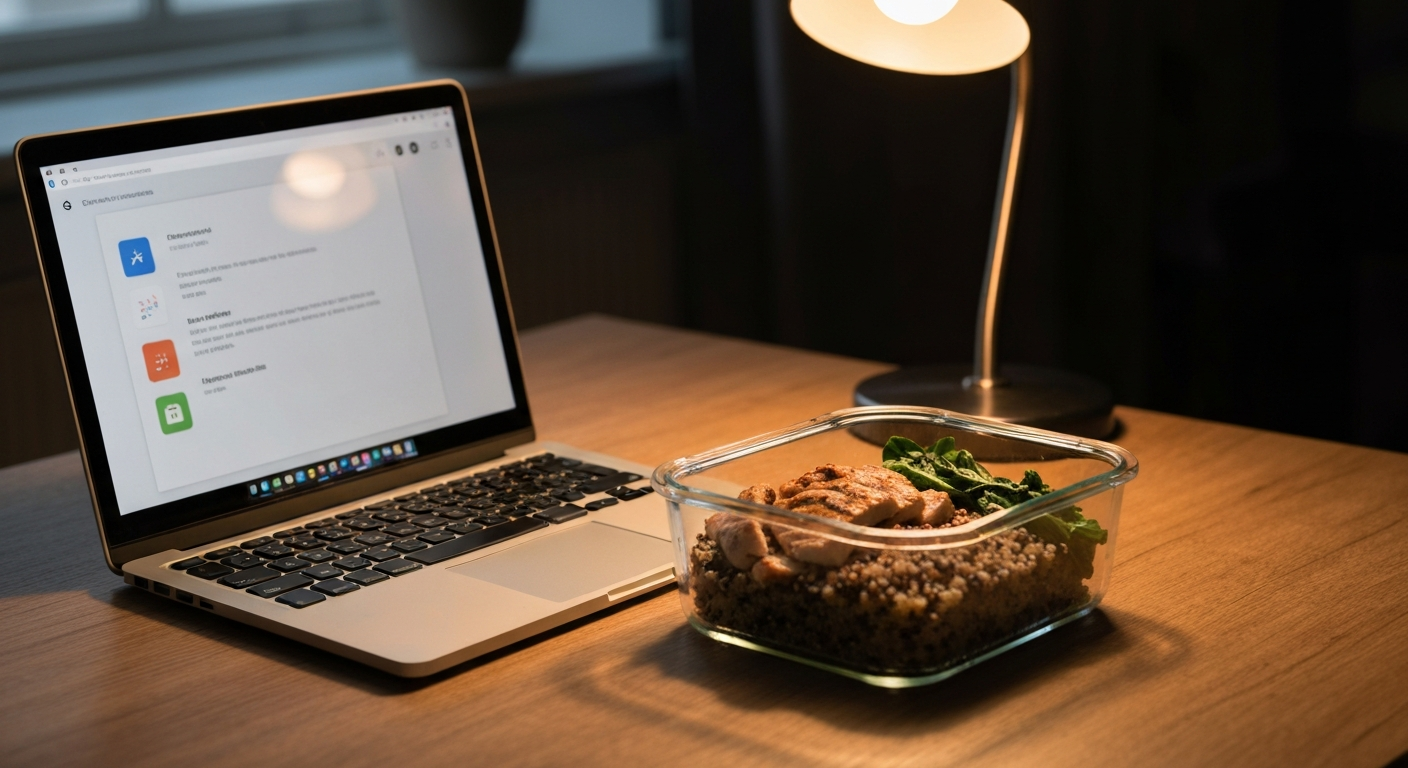 Un ordinateur et une boîte-déjeuner saine ouverts côte à côte sur un bureau bruxellois, une notification d'agenda à l'écran.