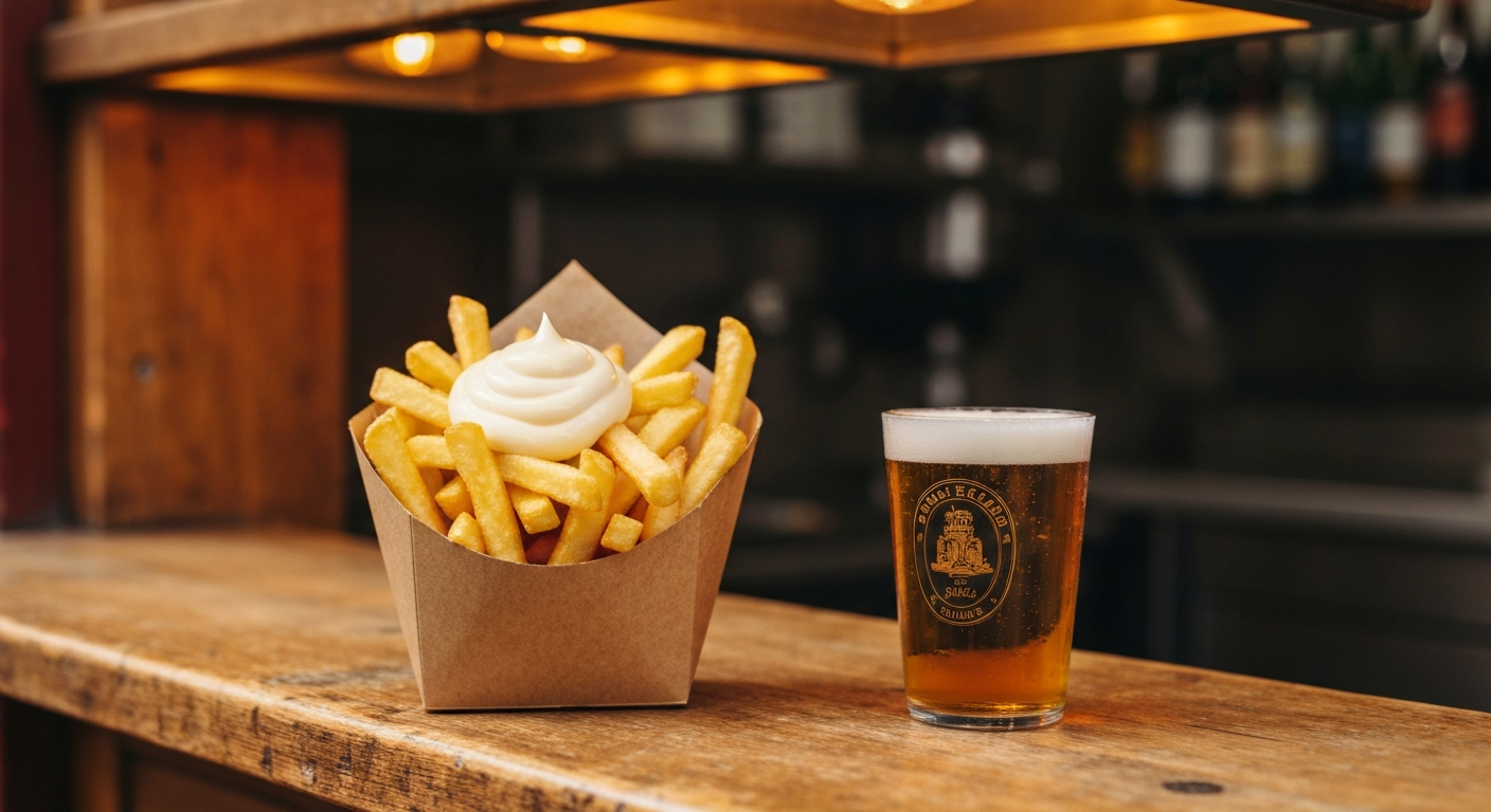 Un cornet de frites belges avec une dose de mayonnaise sur le dessus, au comptoir d'une friterie bruxelloise.