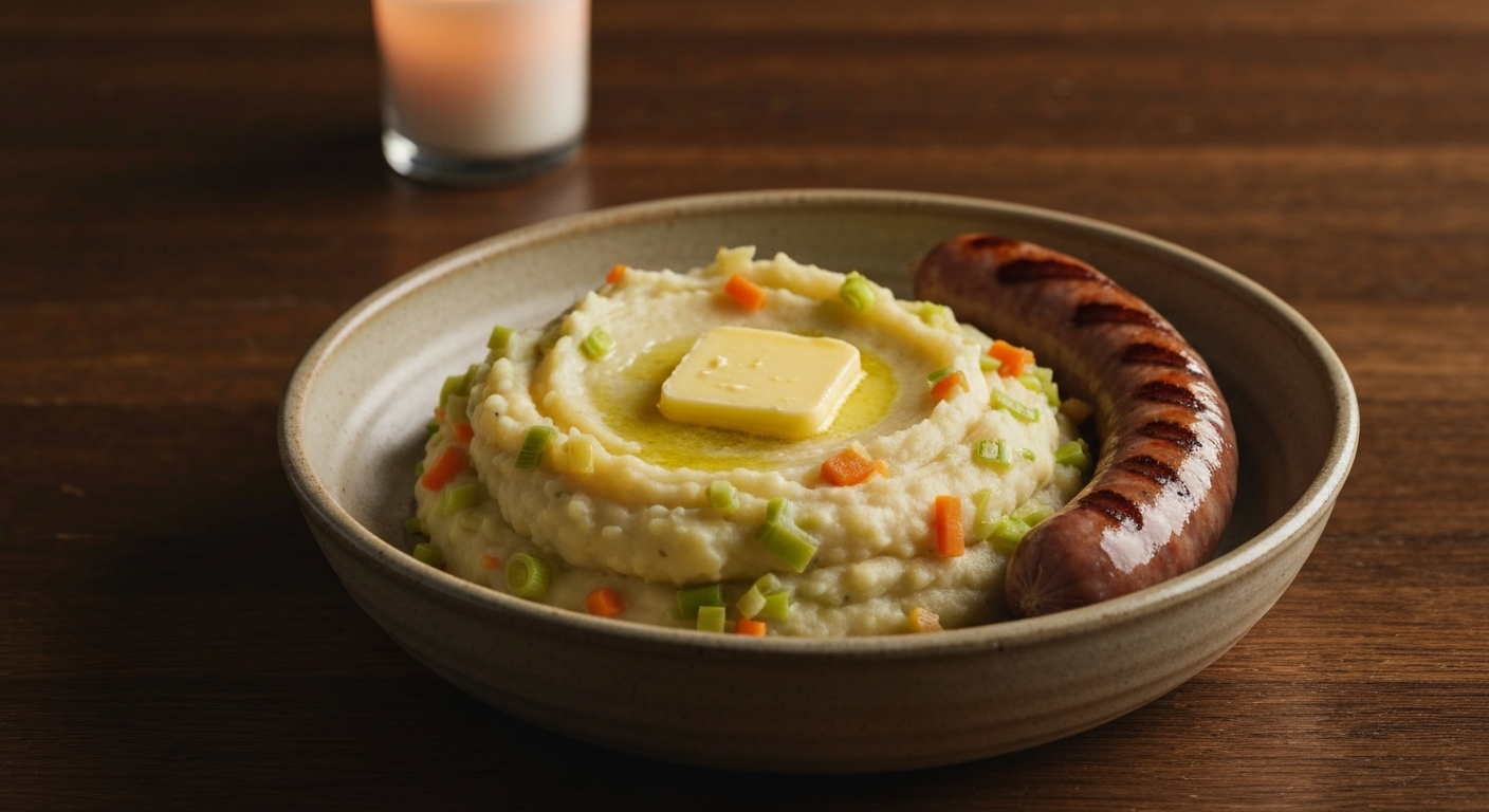 A deep bowl of Brussels stoemp with carrot and leek through the mash, a sausage and brown gravy on top.