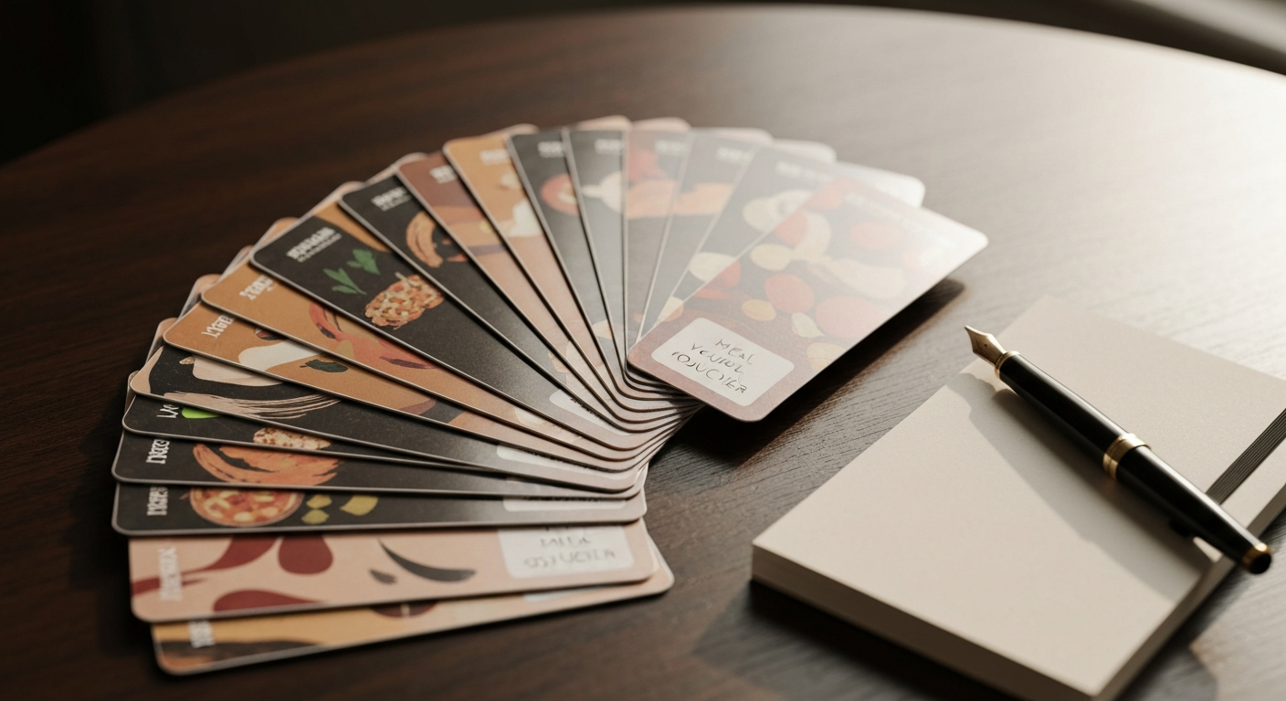 Three Belgian meal voucher cards (Pluxee, Monizze, Edenred) side by side on a wooden Brussels café table.