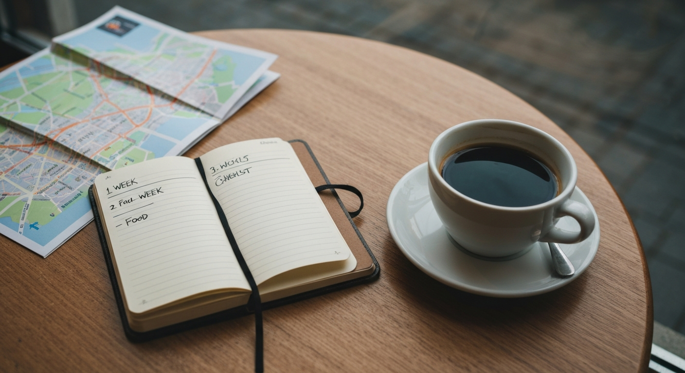 Een notitieboekje met een handgeschreven week-per-week boodschappenlijst naast een koffie op een Brusselse cafetafel.