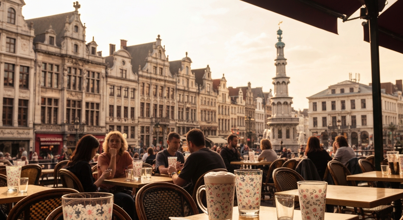 A sunlit Brussels café terrace on a city square, people lingering over coffee and a glass of wine on a summer afternoon.