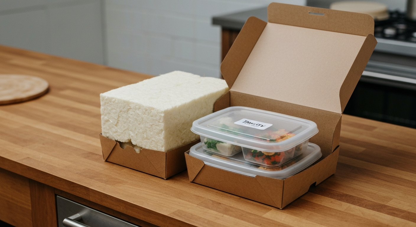 An open Timesty cardboard box with recyclable meal containers, paper-wool insulation and a returnable ice pack.