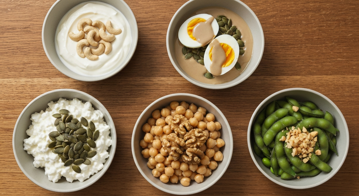 Five lunch bowls from above on a wooden table, each with a protein booster: yogurt, egg, seeds, chickpeas, edamame.