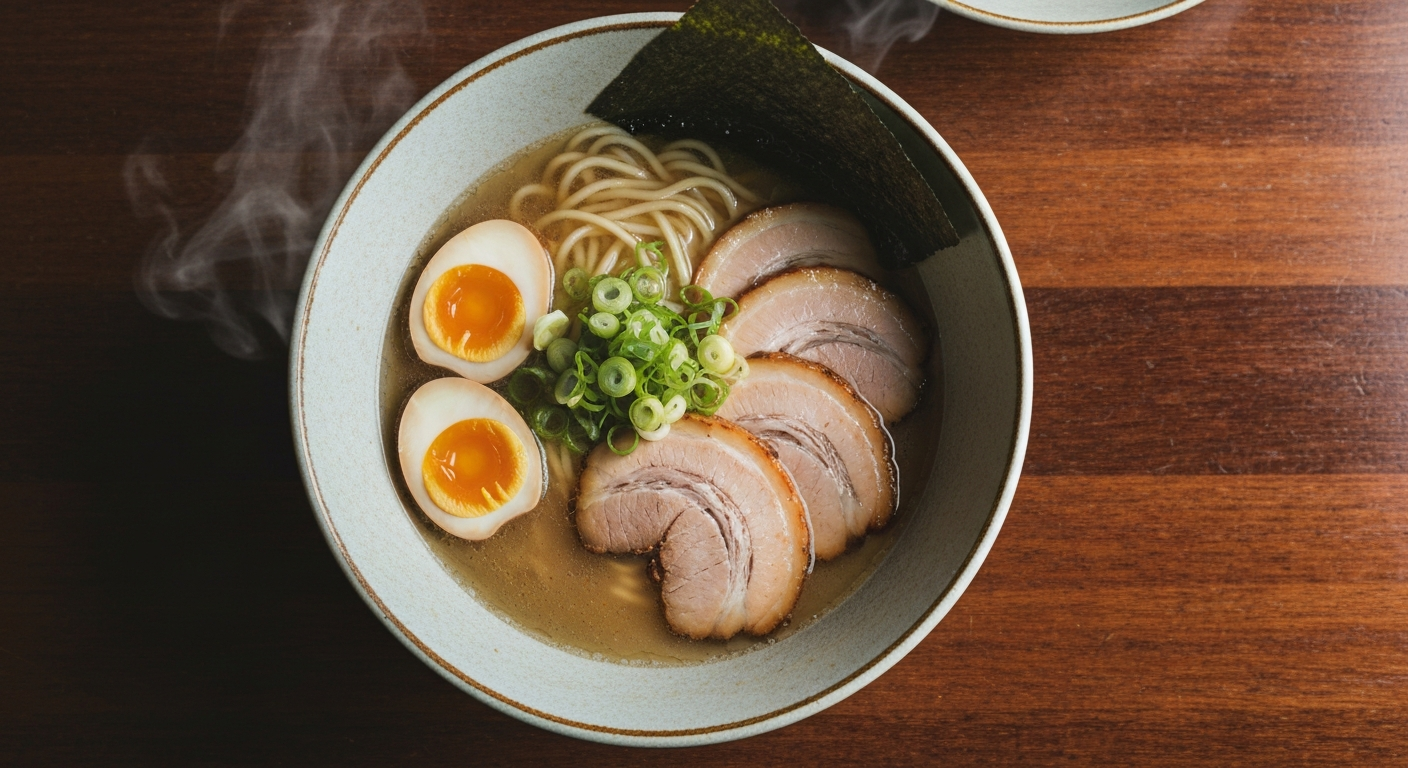 A steaming bowl of tonkotsu ramen with soft-boiled egg, chashu pork and green onions at a Brussels ramen counter.