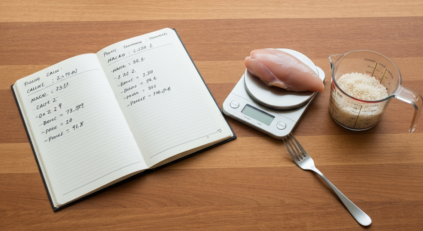 A notebook page with handwritten TDEE calculations next to a fitness tracker showing daily steps from a Brussels commute.