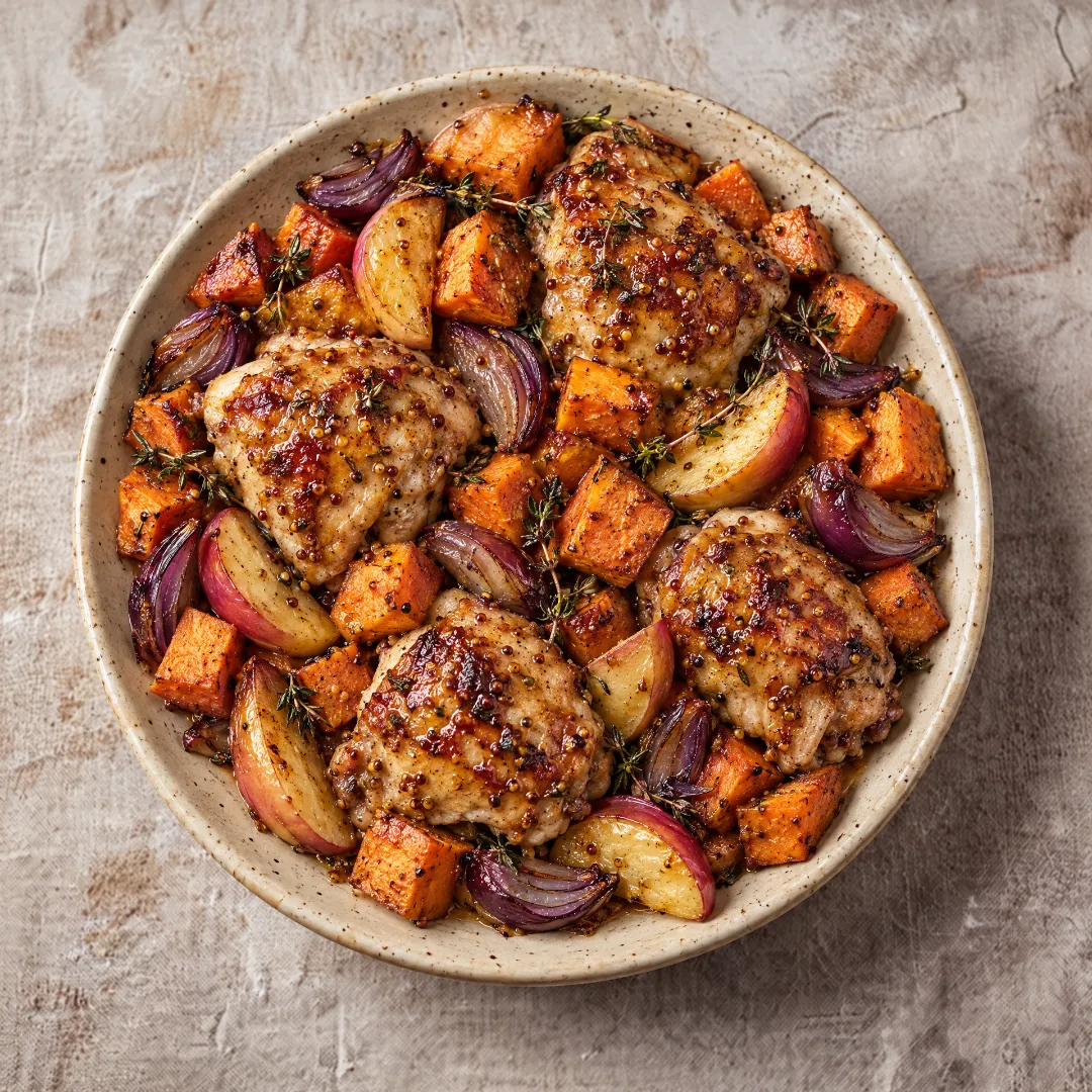 Poulet rôti miel moutarde patate douce et pommes