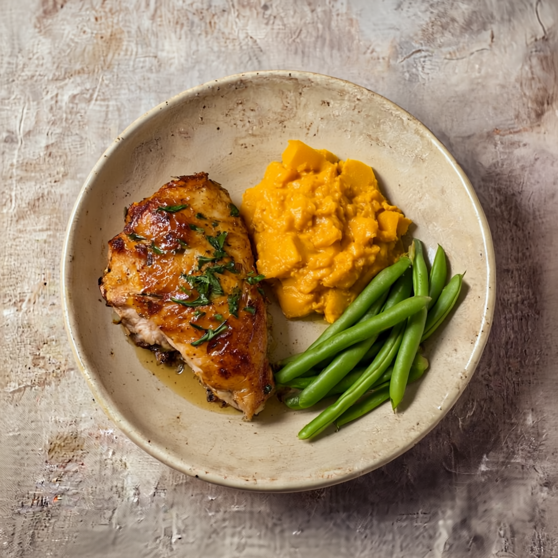 Geroosterde kipfilet met flespompoenpuree en sperziebonen