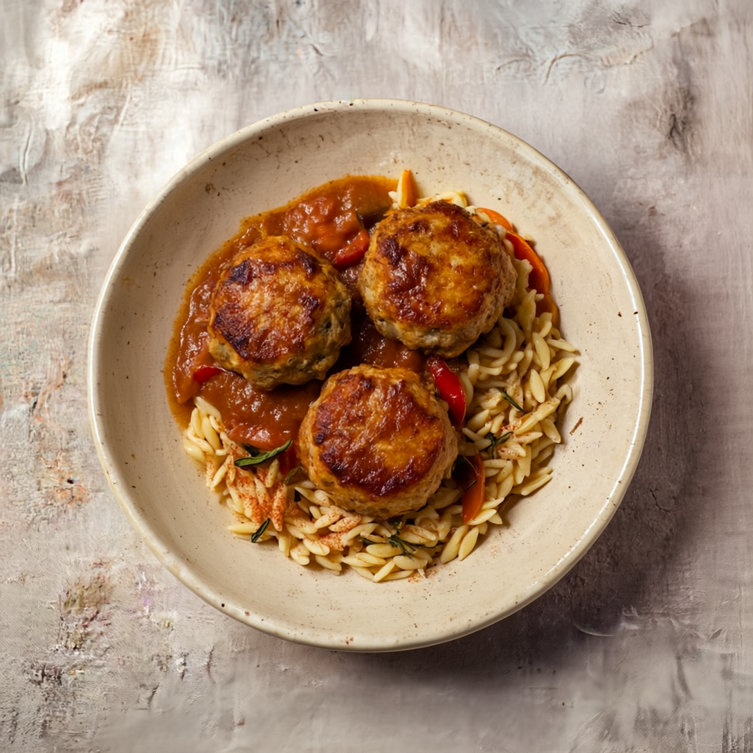 Boulettes de dinde sauce tomate poivron et orzo