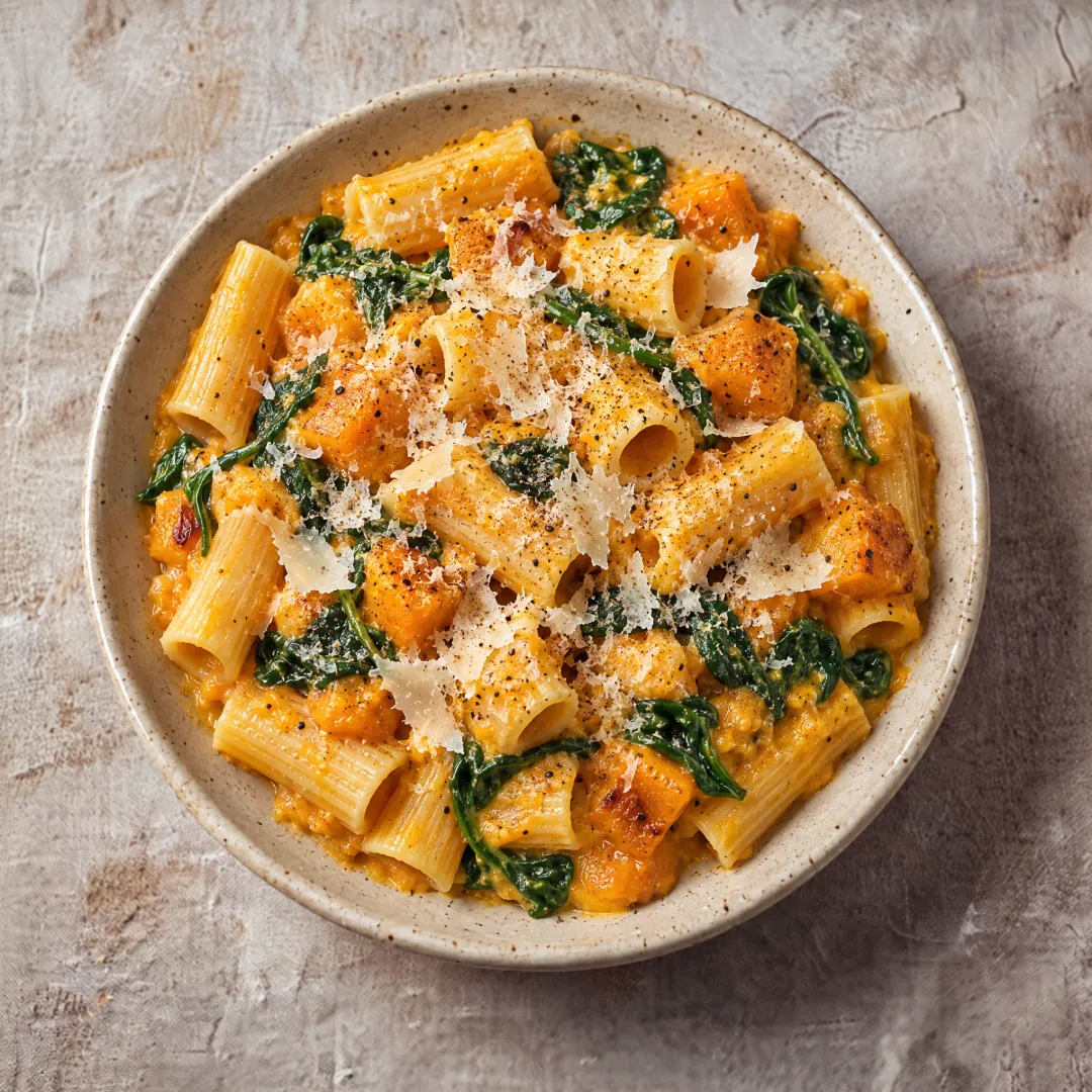 Rigatoni à la crème de butternut et épinards